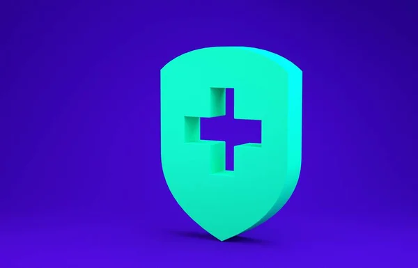Groen Medisch schild met kruis pictogram geïsoleerd op blauwe achtergrond. Beveiliging, veiligheid, wachtwoord beveiliging. Minimalisme concept. 3d illustratie 3d renderen — Stockfoto