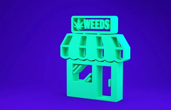 Grünes Marihuana und Cannabis-Shop-Symbol isoliert auf blauem Hintergrund. Geräte und Zubehör zum Rauchen, Lagerung von medizinischem Cannabis. Minimalismus-Konzept. 3D Illustration 3D Renderer — Stockfoto