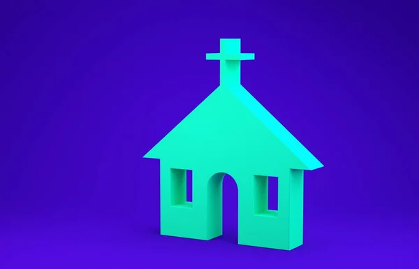 Green Church building icon isolated on blue background. Christian Church. Religion of church. Minimalism concept. 3d illustration 3D render