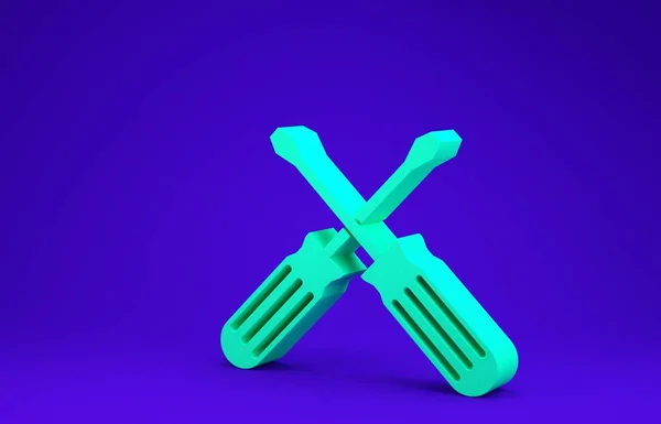 Chave de fenda cruzada verde ícone isolado no fundo azul. Símbolo da ferramenta de serviço. Conceito de minimalismo. 3D ilustração 3D render — Fotografia de Stock