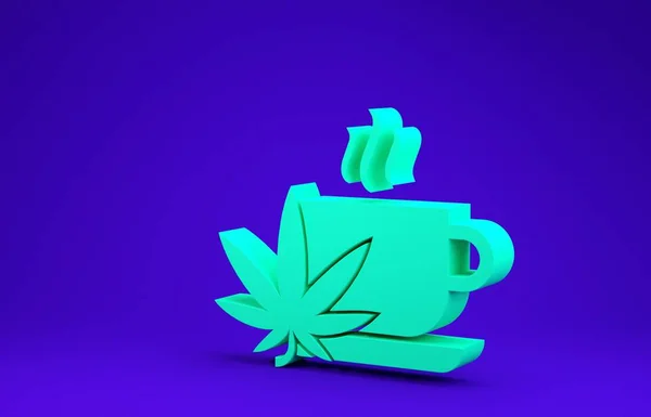 ชาถ้วยสีเขียวที่มีกัญชาหรือไอคอนใบกัญชาแยกจากพื้นหลังสีฟ้า กัญชาถูกกฏหมาย สัญลักษณ์กัญชา แนวคิดขั้นต่ํา ภาพ 3D 3D — ภาพถ่ายสต็อก