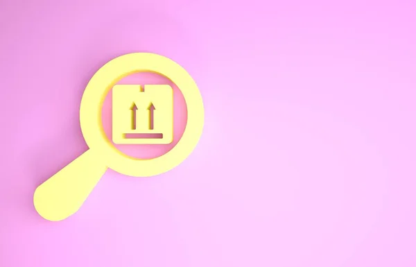 Icono de paquete de búsqueda amarillo aislado sobre fondo rosa. Símbolo de seguimiento de paquetes. Lupa y caja de cartón. Logística y entrega. Concepto minimalista. 3D ilustración 3D render —  Fotos de Stock
