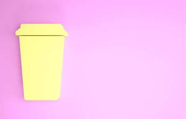 Gul kaffekopp ikon isolerad på rosa bakgrund. Engångskaffekopp med varmt kaffe. Minimalistiskt koncept. 3D-illustration 3D-återgivning — Stockfoto