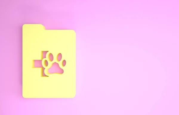 Portapapeles amarillo con el icono de la mascota de la historia clínica médica aislado sobre fondo rosa. Formulario de seguro de salud. Reporte de las marcas médicas. Concepto minimalista. 3D ilustración 3D render —  Fotos de Stock