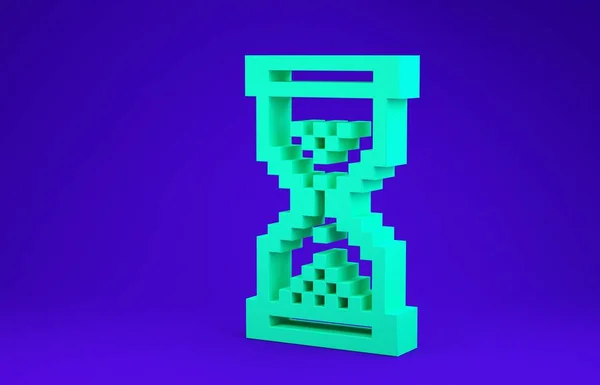 Green Hourglass pixel with flowing sand icon isolated on blue background. Sand clock sign. Business and time management concept. Minimalism concept. 3d illustration 3D render