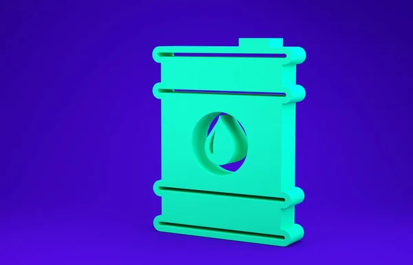 Icono del barril verde aislado sobre fondo azul. Concepto minimalista. 3D ilustración 3D render — Foto de Stock