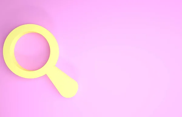 Gul förstoringsglas ikon isolerad på rosa bakgrund. Sök, fokusera, zooma, affärssymbol. Minimalistiskt koncept. 3D-illustration 3D-återgivning — Stockfoto