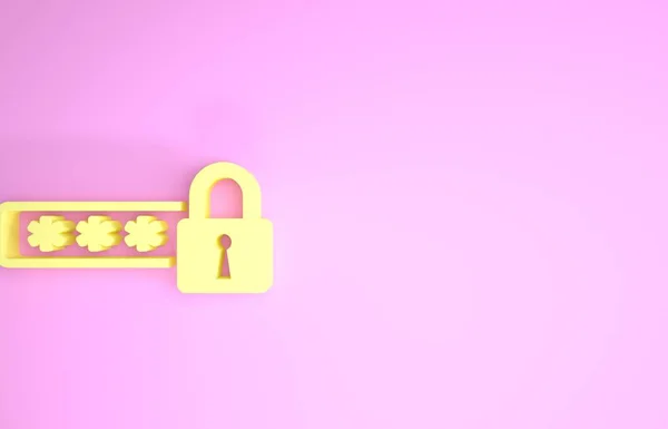 Κίτρινη προστασία κωδικού πρόσβασης και εικονίδιο πρόσβασης ασφαλείας απομονωμένο σε ροζ φόντο. Εικόνα κλειδώματος. Ασφάλεια, ασφάλεια, προστασία, έννοια της ιδιωτικής ζωής. Μινιμαλιστική έννοια. 3D απεικόνιση 3d καθιστούν — Φωτογραφία Αρχείου