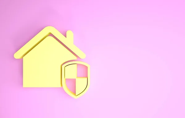 Yellow House di bawah perlindungan ikon terisolasi pada latar belakang merah muda. Rumah dan perisai. Perlindungan, keamanan, keamanan, perlindungan, konsep pertahanan. Konsep minimalisme. Tampilan 3D ilustrasi 3d — Stok Foto