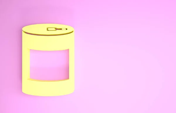 Icône en conserve jaune isolée sur fond rose. Nourriture pour animaux. La nourriture pour animaux peut. Concept de minimalisme. Illustration 3D rendu 3D — Photo