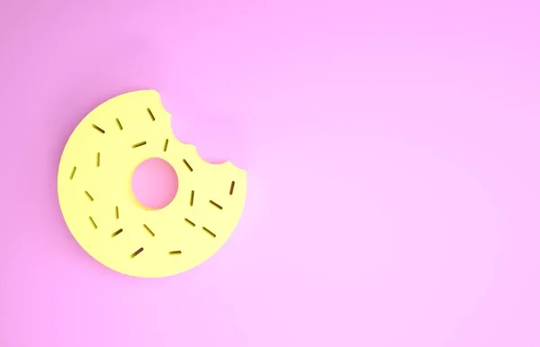 Żółty pączek ze słodką ikoną glazury izolowane na różowym tle. Koncepcja minimalizmu. Ilustracja 3d — Zdjęcie stockowe