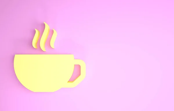 黄色咖啡杯扁平图标孤立在粉红色的背景. 茶杯 热饮咖啡。 最低纲领的概念。 3d说明3d — 图库照片
