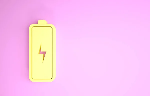 Gelbes Batterie-Symbol isoliert auf rosa Hintergrund. Blitz-Symbol. Minimalismus-Konzept. 3D Illustration 3D Renderer — Stockfoto