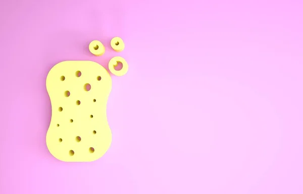 Жовта губка з піктограмою бульбашок ізольована на рожевому фоні. Не вистачає вибуху для миття посуду. Логотип служби прибирання. Концепція мінімалізму. 3D ілюстрація 3D рендеринга — стокове фото