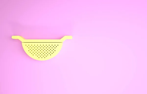Žlutá kuchyně colander ikona izolované na růžovém pozadí. Nádobí na vaření. Znamení příboru. Minimalismus. 3D ilustrace 3D vykreslení — Stock fotografie