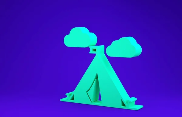 Zielony namiot turystyczny z ikoną flagi na niebieskim tle. Symbol kempingu. Koncepcja minimalizmu. Ilustracja 3d — Zdjęcie stockowe