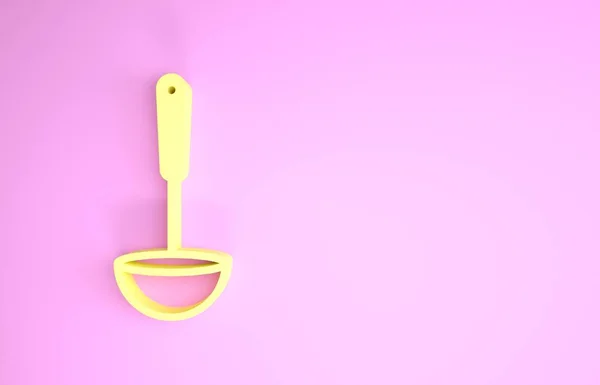 Icône louche de cuisine jaune isolée sur fond rose. Ustensiles de cuisine. Panneau de cuillère à couverts. Concept de minimalisme. Illustration 3D rendu 3D — Photo