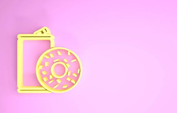 Żółty Aluminium puszka soda i pączek ikona izolowane na różowym tle. Symbol fast foodów. Koncepcja minimalizmu. Ilustracja 3d — Zdjęcie stockowe