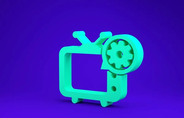 Grünes Fernseh- und Gerätesymbol isoliert auf blauem Hintergrund. Fernsehdienstleistungskonzept. App anpassen, Optionen einstellen, Wartung, Reparatur, Reparatur. Minimalismus-Konzept. 3D Illustration 3D Renderer — Stockfoto
