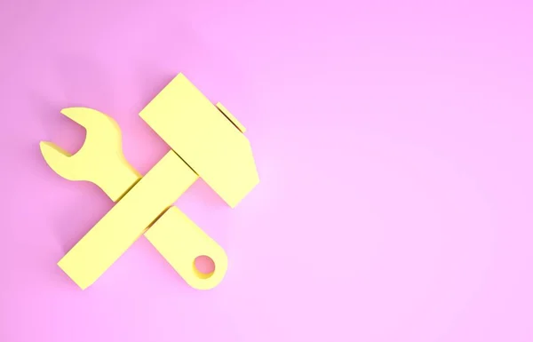Жовтий хрестоподібний молоток і значок ключа ізольовані на рожевому фоні. Апаратні засоби. Концепція мінімалізму. 3D ілюстрація 3D рендеринга — стокове фото