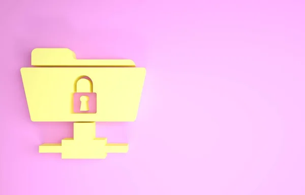 Желтая папка FTP и значок блокировки выделены на розовом фоне. Концепция обновления программного обеспечения, протокол передачи ftp. Безопасность, безопасность, концепция защиты. Концепция минимализма. 3D-рендеринг — стоковое фото