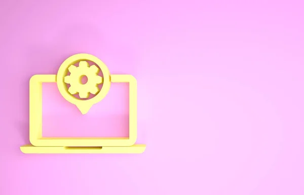 Żółty laptop i ikona biegów izolowane na różowym tle. Koncepcja usługi laptopa. Regulacja aplikacji, opcje ustawień, konserwacja, naprawa, naprawa. Koncepcja minimalizmu. Ilustracja 3d — Zdjęcie stockowe