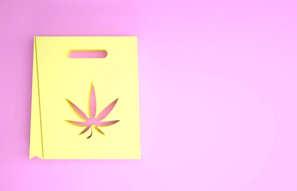 Gele papieren boodschappentas met medicinale marihuana of cannabis blad pictogram geïsoleerd op roze achtergrond. Wiet kopen. Hennep symbool. Minimalisme concept. 3d illustratie 3d renderen — Stockfoto