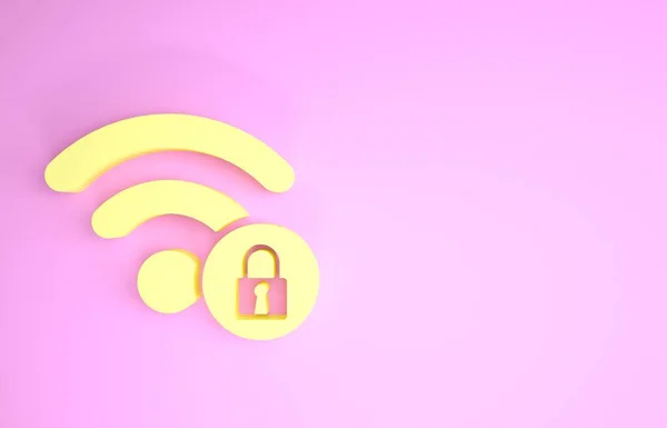 Gul Wifi låst skylt ikon isolerad på rosa bakgrund. Lösenord Wi-Fi-symbol. Ikonen för trådlöst nätverk. Wifi-område. Minimalistiskt koncept. 3D-illustration 3D-återgivning — Stockfoto