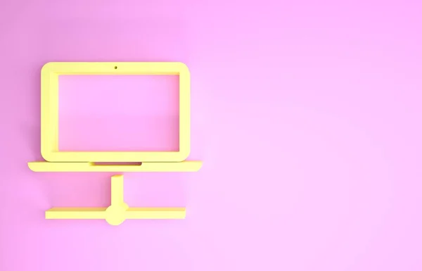 Yellow Computer network icon isolated on pink background. Laptop network. Internet connection. Minimalism concept. 3d illustration 3D render — ストック写真