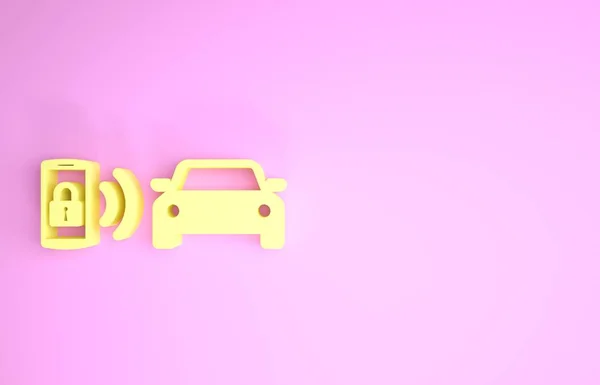 Жовта система сигналізації розумних автомобілів ізольована на рожевому фоні. Смартфон контролює безпеку автомобіля на бездротовій мережі. Концепція мінімалізму. 3D ілюстрація 3D рендеринга — стокове фото
