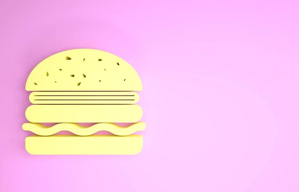 노란색 버거 아이콘은 핑크 배경에 분리되어 있습니다. 햄버거 아이콘이야. 치즈 버거 샌드위치 간판이야. 최소성 개념. 3D 일러스트 3D 렌더링 — 스톡 사진