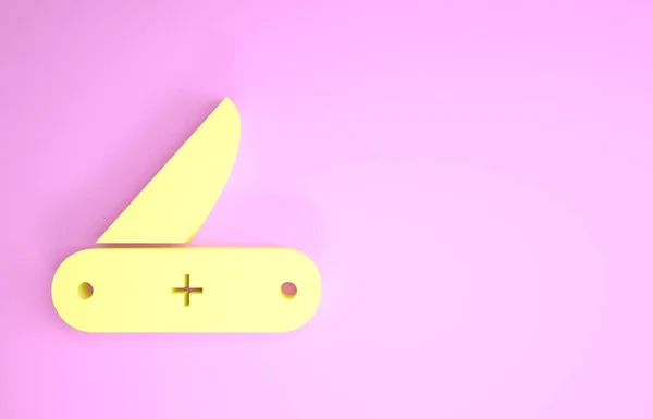 Yellow Swiss army knife icon isolated on pink background. Multi-tool, multipurpose penknife. Multifunctional tool. Minimalism concept. 3d illustration 3D render