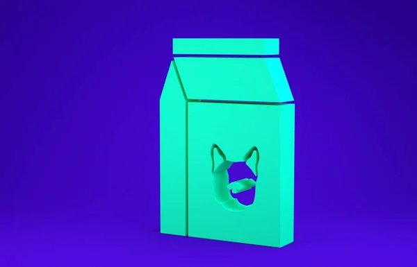 Borsa verde di cibo per l'icona del cane isolato su sfondo blu. Cibo per animali. Pacchetto cibo per animali. Concetto minimalista. Illustrazione 3d rendering 3D — Foto Stock