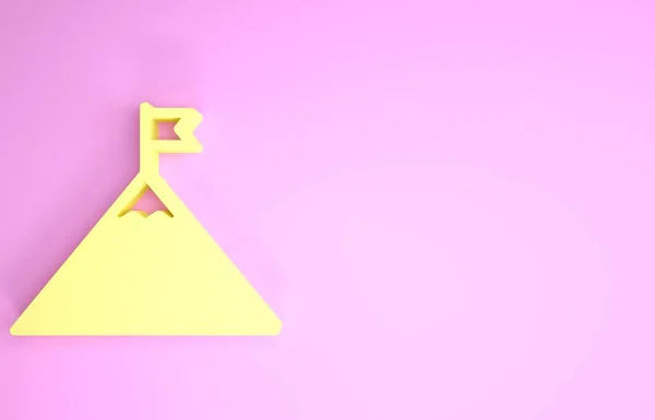 Жовті гори і прапор на верхній іконі ізольовані на рожевому тлі. Символ перемоги або успішного концепту. Концепція мінімалізму. 3d Illustrated 3d render — стокове фото