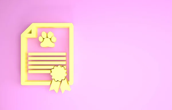 Certificato medico giallo per viaggi con icona di cane o gatto isolata su sfondo rosa. Documento per animale domestico. Impronta zampa cane o gatto. Concetto minimalista. Illustrazione 3d rendering 3D — Foto Stock