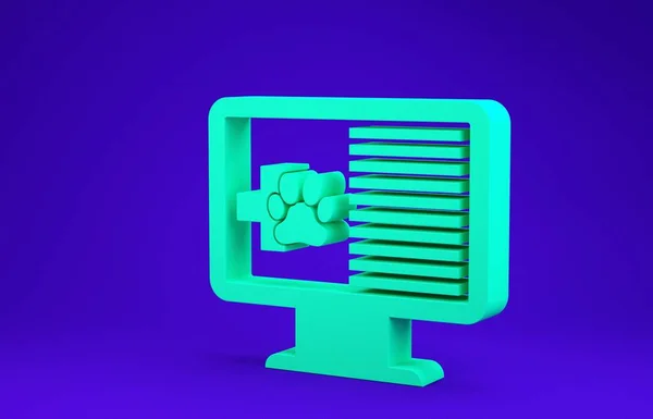 Zielony medyczny rekord kliniczny zwierzak na ikonie monitora izolowane na niebieskim tle. Formularz ubezpieczenia zdrowotnego. Recepta, wyniki badań lekarskich. Koncepcja minimalizmu. Ilustracja 3d — Zdjęcie stockowe