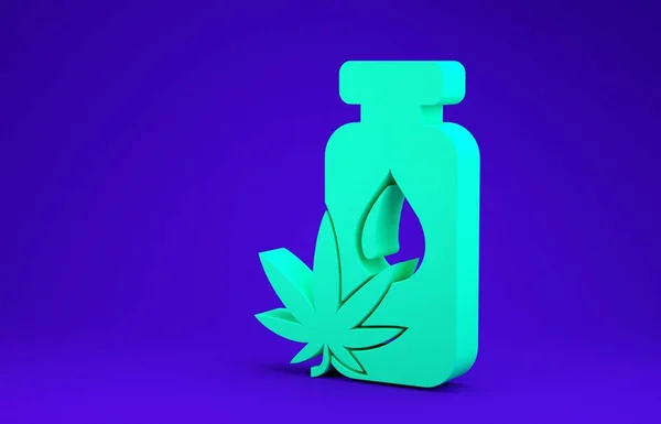 Zielona marihuana medyczna lub ikona oliwy z oliwek z liści konopi wyizolowana na niebieskim tle. Ekstrakt z konopi. Symbol konopi. Koncepcja minimalizmu. Ilustracja 3d — Zdjęcie stockowe