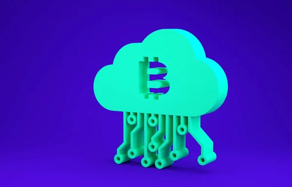 Зеленый значок майнинга криптовалют выделен на синем фоне. Технология блокчейн, биткойн, рынок цифровых денег, кошелек с криптомонетами. Концепция минимализма. 3D-рендеринг — стоковое фото