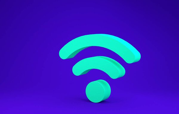 Green Wi-Fi wireless internet network icon isolated on blue background. Концепция минимализма. 3D-рендеринг