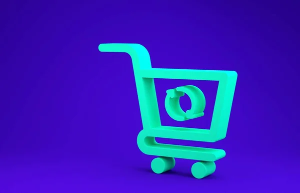 Green Refresh shopping cart icon isolated on blue background. Online buying concept. Delivery service sign. Update supermarket basket symbol. Minimalism concept. 3d illustration 3D render — Stock Photo, Image