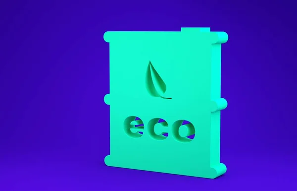 Зеленый значок топливной бочки на синем фоне. Эко-биография и канистра. Зеленая окружающая среда и переработка. Концепция минимализма. 3D-рендеринг — стоковое фото