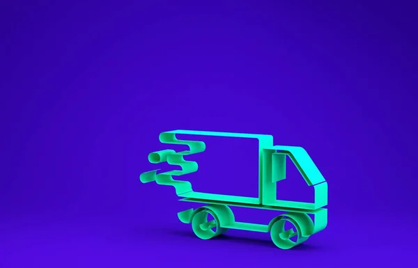 Camión de reparto verde en el icono de movimiento aislado sobre fondo azul. Camión de envío rápido. Concepto minimalista. 3D ilustración 3D render — Foto de Stock