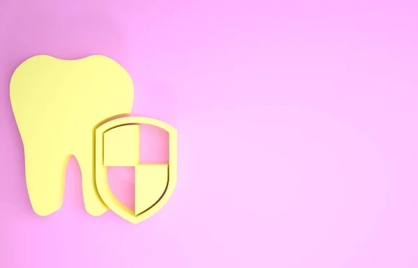 Ícone de proteção dental amarelo isolado no fundo rosa. Dente no logótipo do escudo. Conceito de minimalismo. 3D ilustração 3D render — Fotografia de Stock
