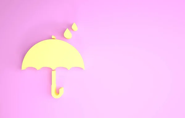Ombrello giallo e gocce di pioggia icona isolata su sfondo rosa. Icona impermeabile. Protezione, sicurezza, concetto di sicurezza. Simbolo resistente all'acqua. Concetto minimalista. Illustrazione 3d rendering 3D — Foto Stock