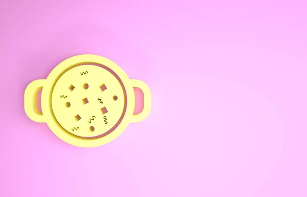 黄色ピンクの背景に隔離されたポットアイコンでスープを調理します。沸騰またはシチュー食品のシンボル。最小限の概念。3Dイラスト3Dレンダリング — ストック写真
