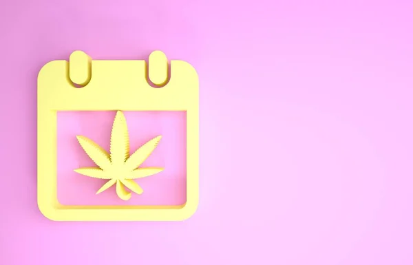 Żółty Kalendarz i marihuana lub ikona liści marihuany izolowane na różowym tle. Narodowy Dzień Zioła. Symbol konopi. Koncepcja minimalizmu. Ilustracja 3d — Zdjęcie stockowe