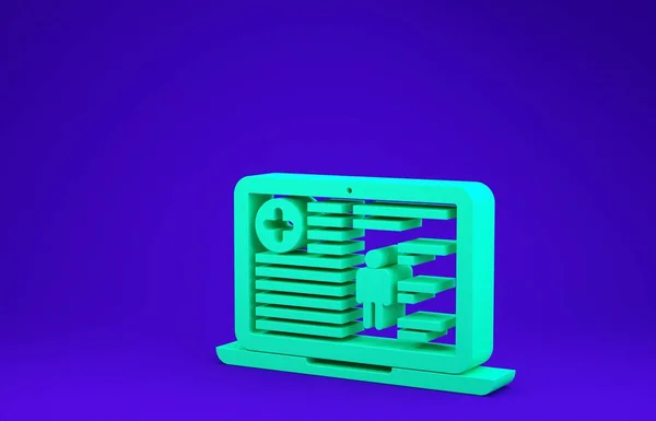 Zielona kartoteka medyczna na ikonie laptopa odizolowana na niebieskim tle. Formularz ubezpieczenia zdrowotnego. Recepta, wyniki badań lekarskich. Koncepcja minimalizmu. Ilustracja 3d — Zdjęcie stockowe