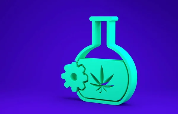 Mavi arka planda marihuana ya da kenevir yaprağı ikonu bulunan yeşil kimyasal test tüpü. Araştırma konsepti. Laboratuvar Cbd yağı konsepti. Minimalizm kavramı. 3d illüstrasyon 3d canlandırma — Stok fotoğraf