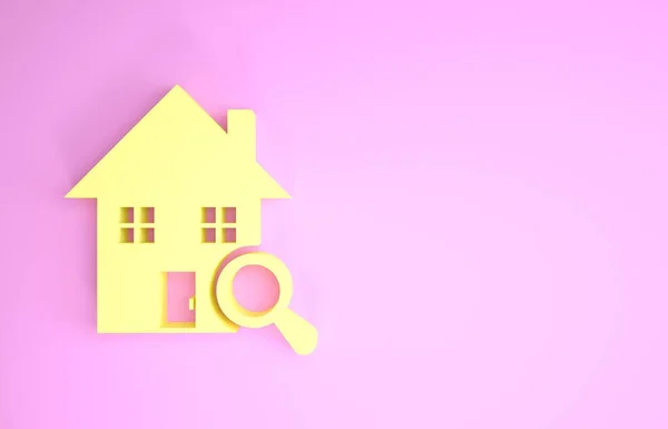 Желтый значок Поискового дома на розовом фоне. Символ недвижимости дома под увеличительным стеклом. Концепция минимализма. 3D-рендеринг — стоковое фото