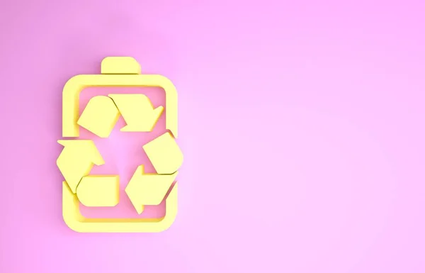Batería amarilla con icono de línea de símbolo de reciclaje aislado sobre fondo rosa. Batería con símbolo de reciclaje - concepto de energía renovable. Concepto minimalista. 3D ilustración 3D render — Foto de Stock